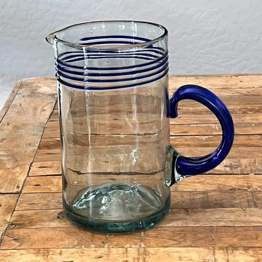 Mexico Hand Blown Art Glass Pitcher 9